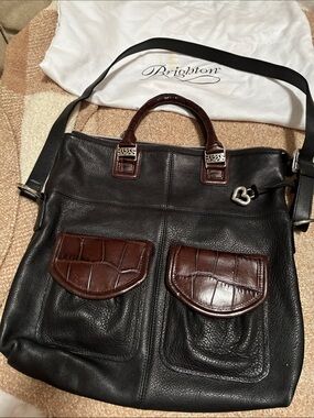 Large Brighton, black leather brown croc trim front double pocket shoulder bag